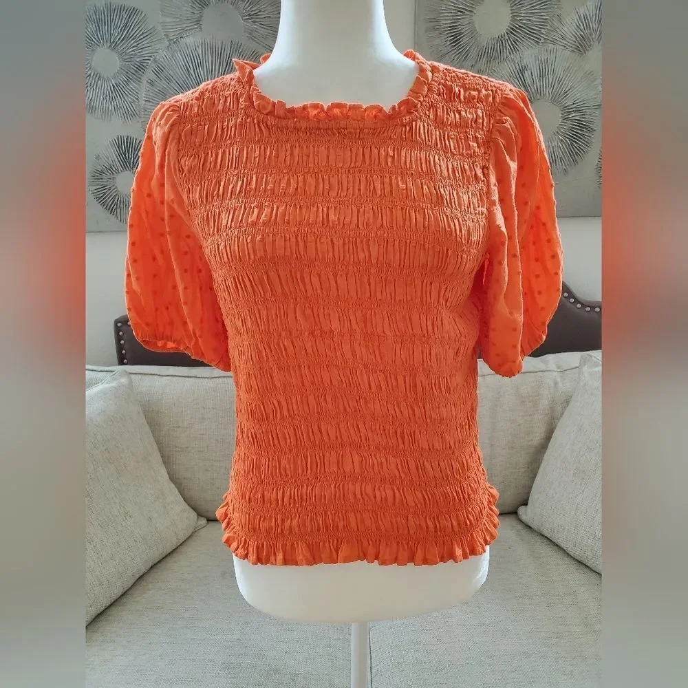 🦋 J.CREW 🦋 Puff-Sleeve Dot Textured Voile Smocked Top - [Small, Orange]